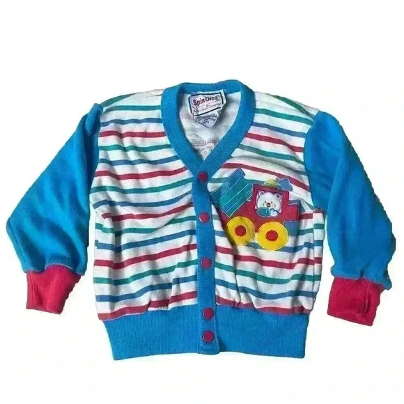 Spin Offs Baby Cardigan Sweater 12m Striped Vtg 90s Patch Colorful Funky Kids - Picture 1 of 5